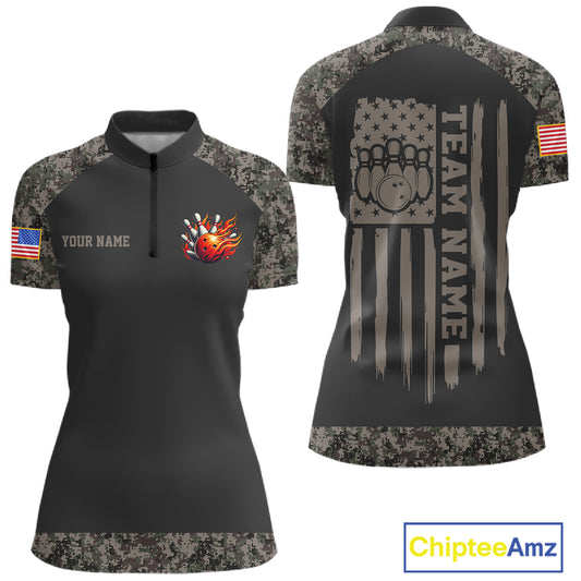 Personalized retro camo US flag patriotic bowling league quarter zip shirt for women, custom bowling team jersey.