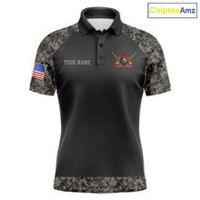 Load image into Gallery viewer, Personalized retro camo US flag 8 ball pool billiard team jersey polo shirt for men, custom patriotic pool league apparel and tournament jersey.