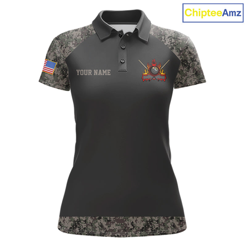 Personalized retro camo US flag 8 ball pool billiard team jersey polo shirt for women, custom patriotic pool league apparel and tournament jersey.