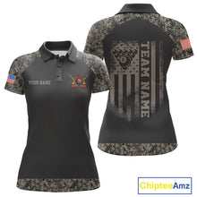 Load image into Gallery viewer, Personalized retro camo US flag 8 ball pool billiard team jersey polo shirt for women, custom patriotic pool league apparel and tournament jersey.