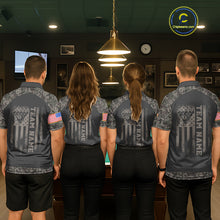 Load image into Gallery viewer, Billiard team wearing matching retro camo US flag 8 ball pool jerseys back view.