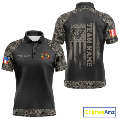 Personalized retro camo US flag 8 ball pool billiard team jersey polo shirt for men, custom patriotic pool league apparel and tournament jersey.