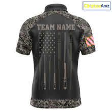 Load image into Gallery viewer, Personalized retro camo US flag patriotic 8 ball pool billiard team jersey polo shirt for men, custom pool league apparel and tournament jersey with vintage camouflage design.