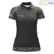 Load image into Gallery viewer, Personalized retro camo US flag patriotic 8 ball pool billiard team jersey polo shirt for women, custom pool league apparel and tournament jersey with vintage camouflage design.