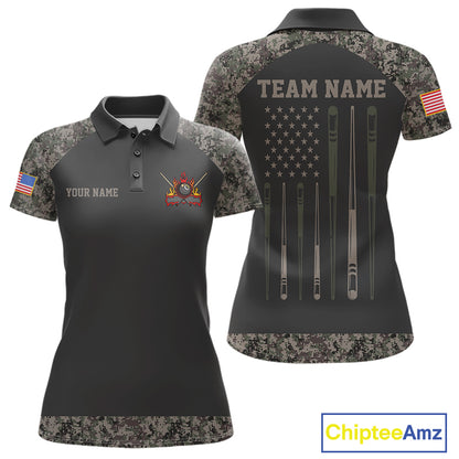 Personalized retro camo US flag patriotic 8 ball pool billiard team jersey polo shirt for women, custom pool league apparel and tournament jersey with vintage camouflage design.