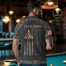 Load image into Gallery viewer, Man wearing personalized retro camo US flag patriotic 8 ball pool billiard polo shirt back view.