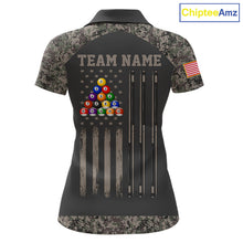 Load image into Gallery viewer, Personalized retro camo US flag patriotic 8 ball pool billiard team jersey polo shirt for women, custom pool league apparel and tournament jersey.
