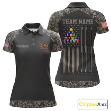 Load image into Gallery viewer, Personalized retro camo US flag patriotic 8 ball pool billiard team jersey polo shirt for women, custom pool league apparel and tournament jersey.