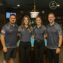 Load image into Gallery viewer, Billiard team wearing matching retro camo US flag patriotic 8 ball pool jerseys front view.