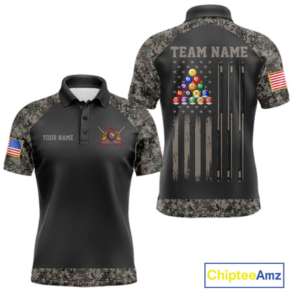 Personalized retro camo US flag patriotic 8 ball pool billiard team jersey polo shirt for men, custom pool league apparel and tournament jersey.