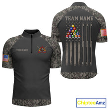 Load image into Gallery viewer, Personalized retro camo US flag patriotic 8 ball pool billiard quarter zip shirt for men, custom patriotic pool team jersey.