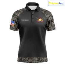 Load image into Gallery viewer, Personalized retro camo US flag patriotic 9 ball pool billiard team jersey polo shirt for men, custom pool league apparel and tournament jersey.