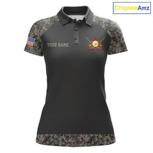 Load image into Gallery viewer, Personalized retro camo US flag patriotic 9 ball pool billiard team jersey polo shirt for women, custom pool league apparel and tournament jersey.