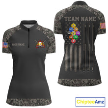 Load image into Gallery viewer, Personalized retro camo US flag patriotic 9 ball pool billiard quarter zip shirt for women, custom patriotic pool team jersey.
