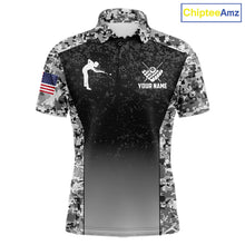 Load image into Gallery viewer, Black and white camo US flag 8 ball pool billiard team jersey polo shirt for men, custom patriotic pool league apparel and tournament jersey.