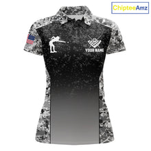 Load image into Gallery viewer, Black and white camo US flag 8 ball pool billiard team jersey polo shirt for women, custom patriotic pool league apparel and tournament jersey.