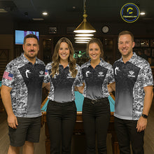 Load image into Gallery viewer, Billiard team wearing matching black and white camo US flag 8 ball pool jerseys front view.