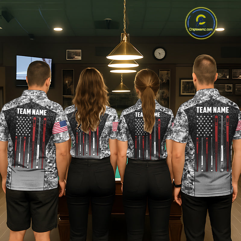 Billiard team wearing matching black and white camo US flag 8 ball pool jerseys back view.