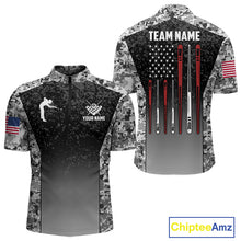 Load image into Gallery viewer, Black and white camo US flag 8 ball pool billiard quarter zip shirt for men, custom patriotic billiard team jersey.