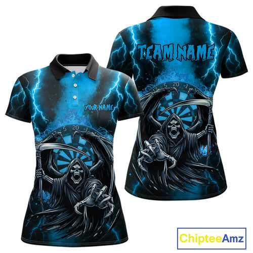 Personalized Blue Grim Reaper Thunder Lightning Darts Shirt For Women, 3D Darts Team Jerseys TDM4532