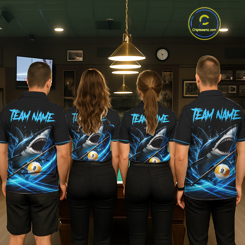 Black And Blue 9 Ball Shark Billiard League Shirts For Women Custom Pool Team Jersey Polo & 1/4 Zip TDM7166