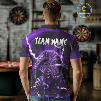Purple Grim Reaper Lightning 3D Darts Shirt For Men Custom Darts Jersey Team Polo &  1/4 Zip TDM4952