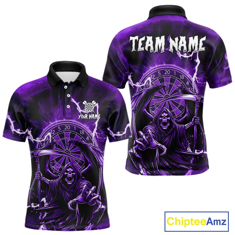 Purple Grim Reaper Lightning 3D Darts Shirt For Men Custom Darts Jersey Team Polo &  1/4 Zip TDM4952