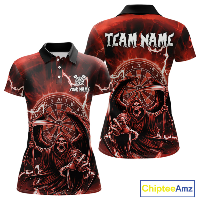 Red Grim Reaper Lightning 3D Darts Shirt For Women Custom Darts Jersey Team Polo &  1/4 Zip TDM4953