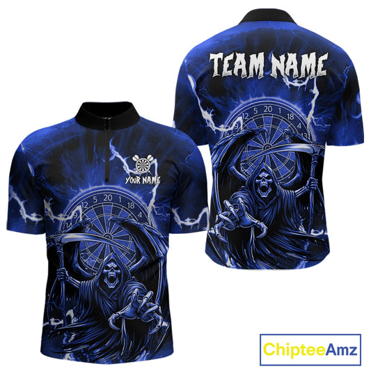 Blue Grim Reaper Lightning 3D Darts Shirt For Men Custom Darts Jersey Team Polo &  1/4 Zip TDM4954