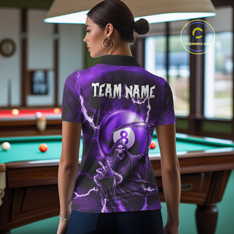 Purple Grim Reaper 8 Ball Billiard Shirt For Women Custom Lightning Pool Team Jersey Polo & 1/4 Zip TDM4955