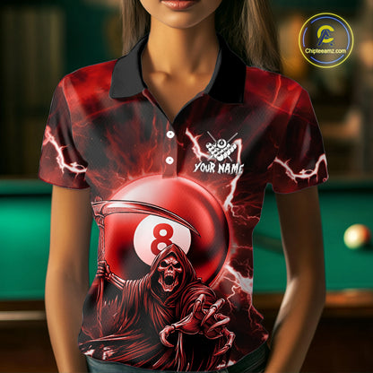 Red Grim Reaper 8 Ball Billiard Shirt For Women Custom Lightning Pool Team Jersey Polo & 1/4 Zip TDM4956