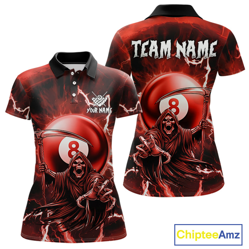 Red Grim Reaper 8 Ball Billiard Shirt For Women Custom Lightning Pool Team Jersey Polo & 1/4 Zip TDM4956