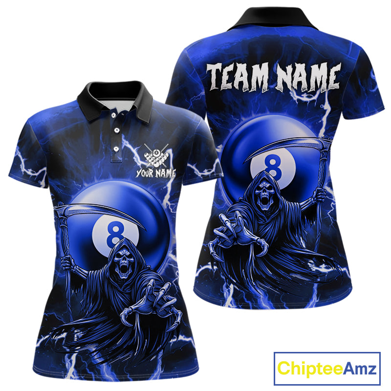 Blue Grim Reaper 8 Ball Billiard Shirt For Women Custom Lightning Pool Team Jersey Polo & 1/4 Zip TDM4957