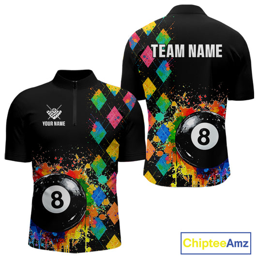 Funny 8 Ball Pool Paint Colorful Argyle Custom Billiard Shirt For Men, Best Pool Team Jersey TDM4961