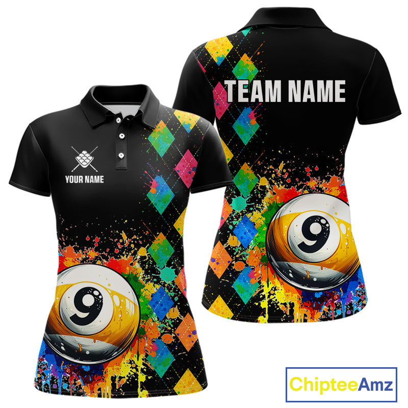 Funny 9 Ball Pool Paint Colorful Argyle Custom Billiard Shirt For Women, Best Pool Team Jersey TDM4962