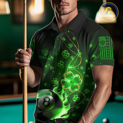 Green 8 Ball Fire Luckiest Shamrock Men Billiard Shirt Custom St Patrick Day Billiard Team Jerseys TDM3389