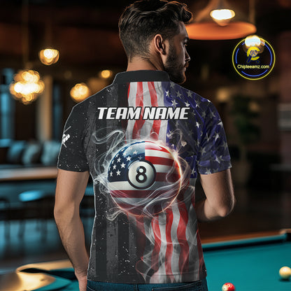 Personalized American Flag Smoke Billiard Jersey For Men, Patriotic 8 Ball Pool Billiard Shirt TDM5679