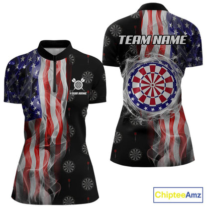 Personalized American Flag Smoke Darts Shirt For Women, Patriotic Darts Jersey Team Polo & 1/4 Zip TDM5680