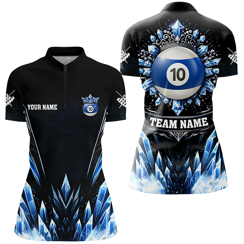 Customized Blue Icy Funny 10 Ball Pool Crown Women Quarter-Zip Shirt Custom Billiard Jersey TDM1395