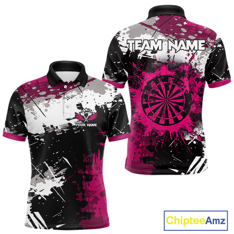 Pink Grunge Paint Splash Dart Polo & Quarter Zip Custom Dart Shirts For Men Darts Team Jerseys TDM3859