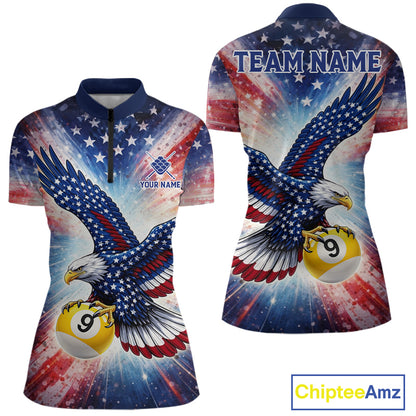 Custom 9 Ball American Flag Eagle Billiard Shirt For Women, Patriotic Pool Team Jersey Polo, 1/4 Zip TDM6282