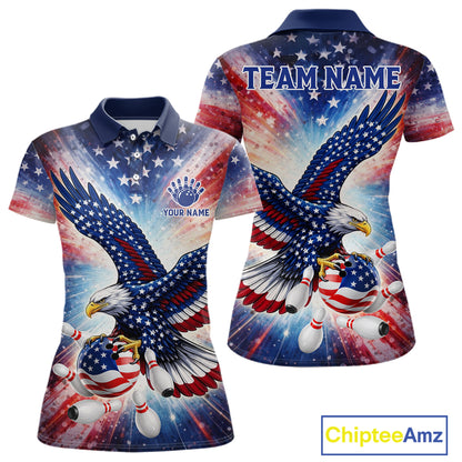 American Flag Eagle Bowling Polo & 1/4 Zip Shirts For Women Custom Patriotic Bowling Team Jersey TDM6284