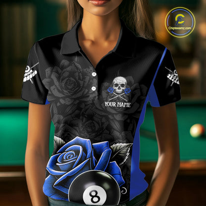 Black And Blue 8 Ball Pool And Roses Custom Skull Billiard Shirts For Women, Billiard Team Jersey TDM6286