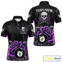 Load image into Gallery viewer, Black And Purple 8 Ball Pool And Roses Custom Skull Billiard Shirts For Men, Billiard Team Jersey TDM6287