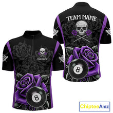 Load image into Gallery viewer, Black And Purple 8 Ball Pool And Roses Custom Skull Billiard Shirts For Men, Billiard Team Jersey TDM6287