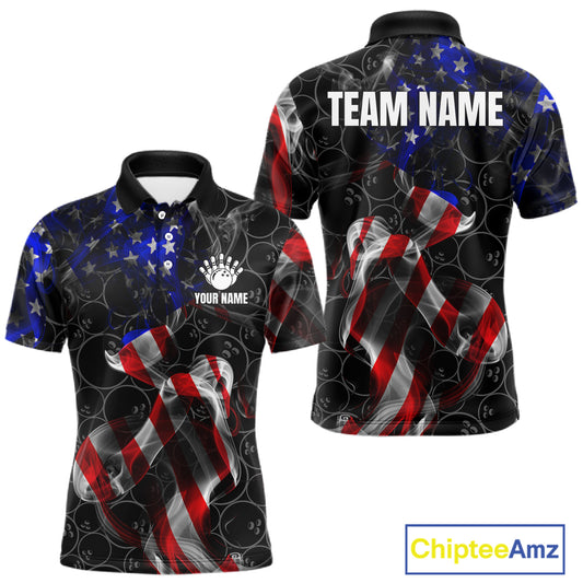 Custom American Flag Smoke Bowling Shirt For Men, Patriotic Team Bowling Jersey Polo & 1/4 Zip TDM6290