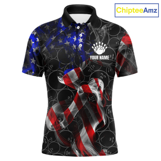 Custom American Flag Smoke Bowling Shirt For Men, Patriotic Team Bowling Jersey Polo & 1/4 Zip TDM6290