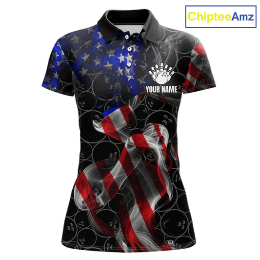 Custom American Flag Smoke Bowling Shirt For Women, Patriotic Team Bowling Jersey Polo & 1/4 Zip TDM6290