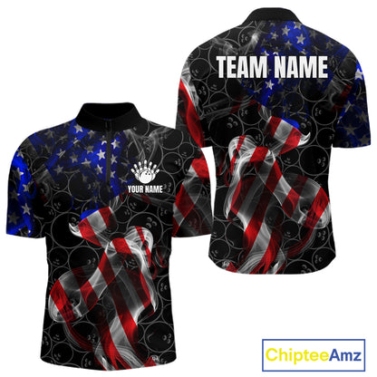 Custom American Flag Smoke Bowling Shirt For Men, Patriotic Team Bowling Jersey Polo & 1/4 Zip TDM6290