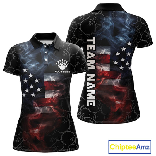 Custom American Flag Smoke Bowling Shirt For Women, Patriotic Bowling Jersey Team Polo & 1/4 Zip TDM6291